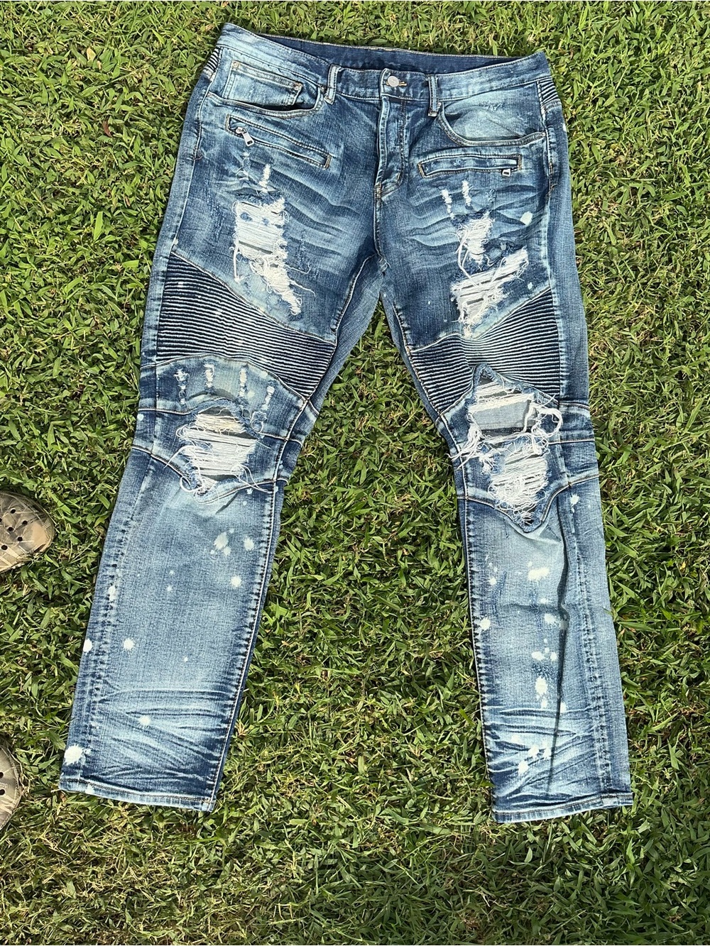 DOPE Distressed Light Blue Skinny Jeans with Moto Rib Knees